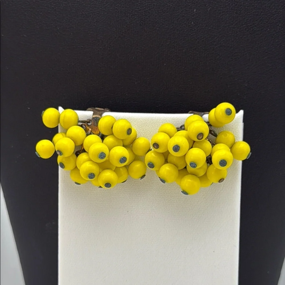 Vintage bright cheery yellow cha cha beaded clip on statement bold fun earrings